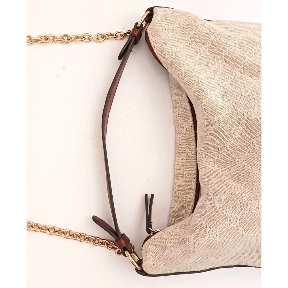 MNG Mango Cream Woven Jacquard Hobo Bag Brown Vegan Leather Double Straps